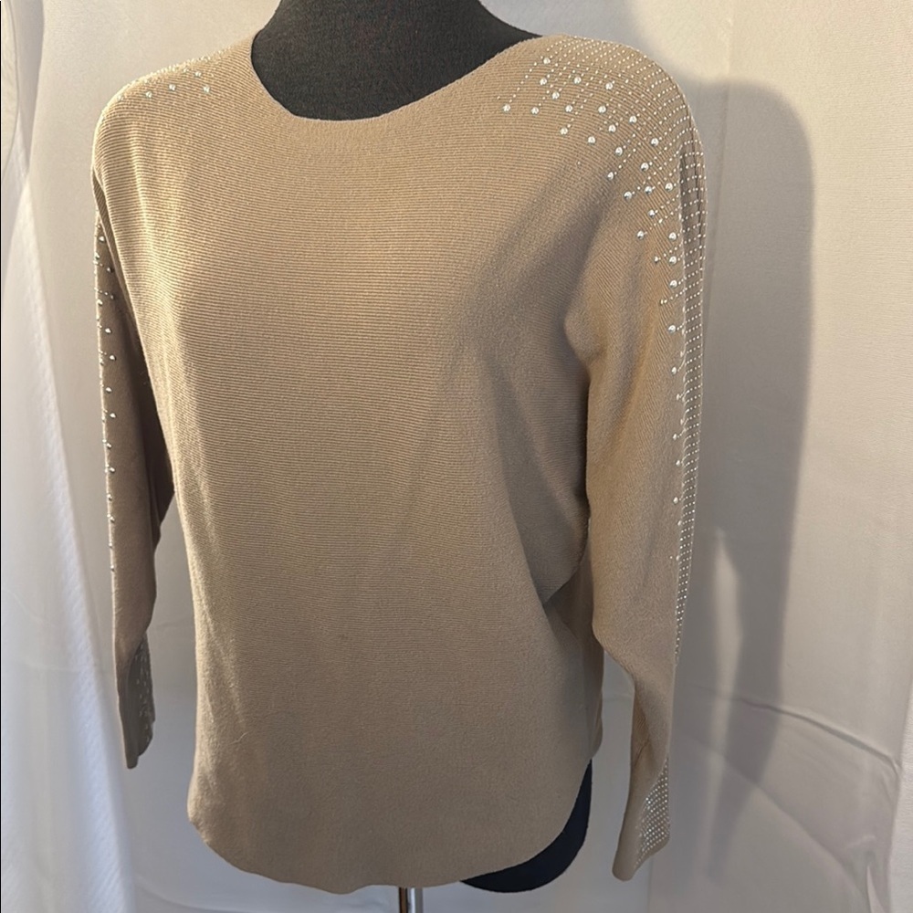 Fine Knit Beige Sweater with Rhinestone Accents